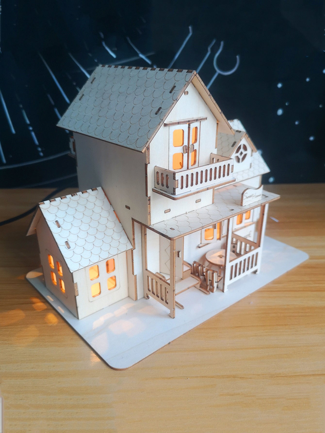 Music Park 3D Wooden Puzzle Sweet Home Music Box Hands Craft Miniature Dollhouse Kits 3D Model Diy House Building with LED Night Lights Gifts for Christmas