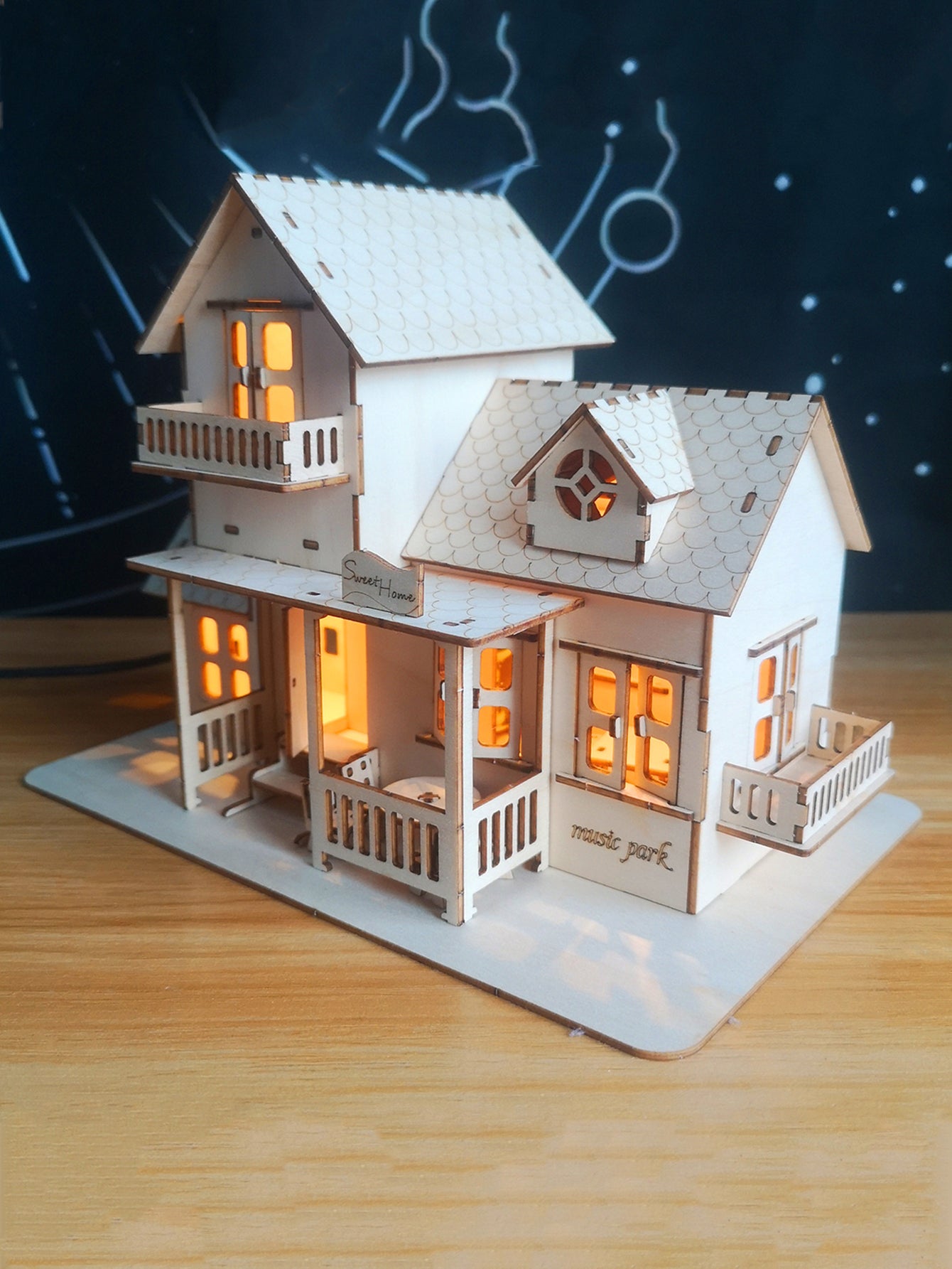 Music Park 3D Wooden Puzzle Sweet Home Music Box Hands Craft Miniature Dollhouse Kits 3D Model Diy House Building with LED Night Lights Gifts for Christmas