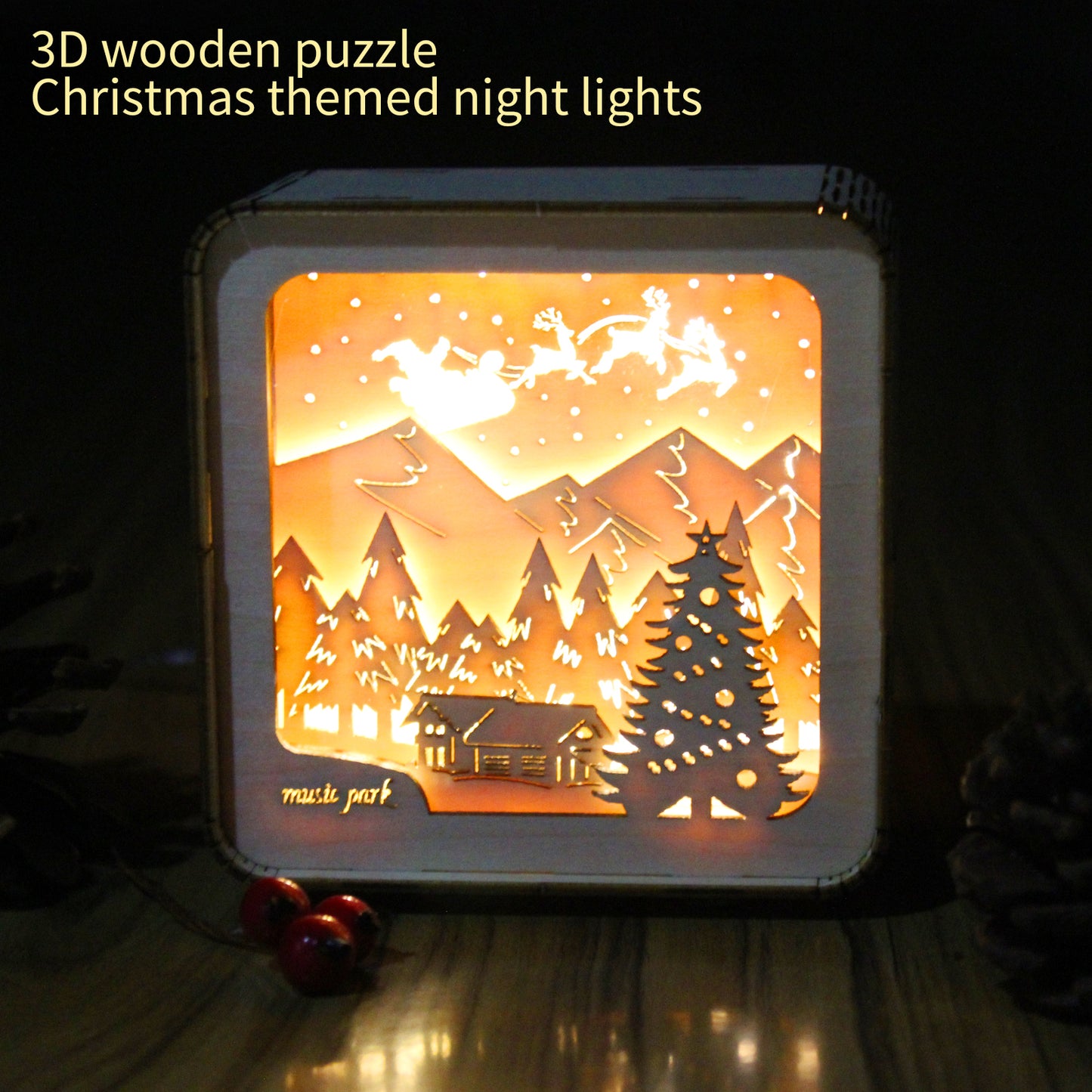 Music Park 3D Wooden Puzzles Merry Christmas Model Kit Night Lights Desk Decorations Birthday Christmas Gifts For Women Age14+